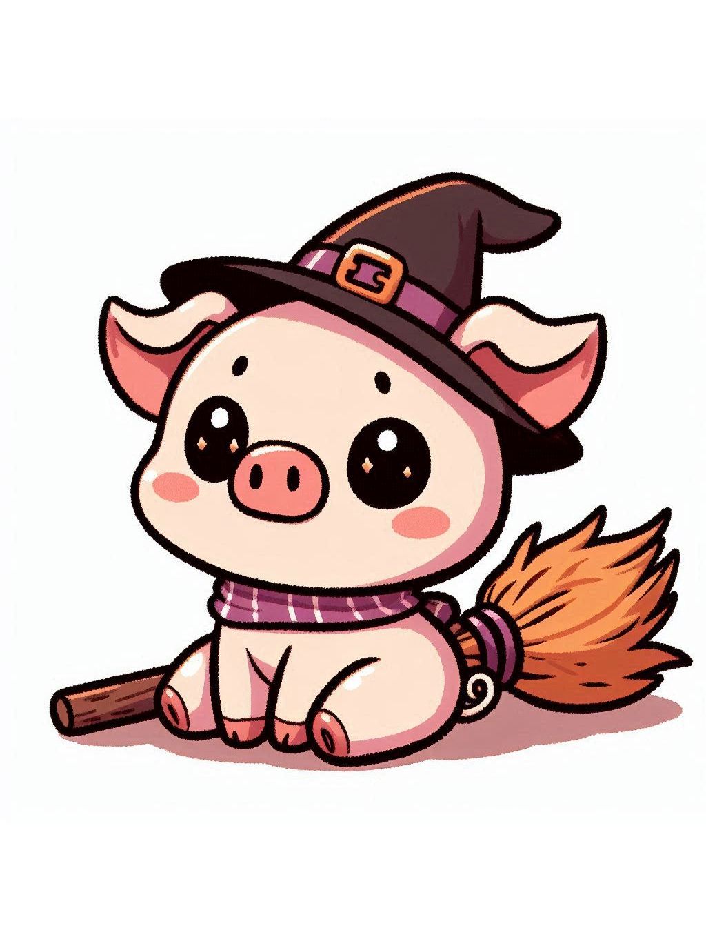 halloween cute animals drawings featuring a piglet dressed in a witch hat and a scarf, holding a small broom.
